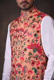 Peach Multicolor Accents All Embroidered Waistcoat Set.
