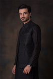 Jet Black Honey Comb Cotton Embroidered Sheer Kurta and Waistcoat set formen