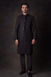 Jet black cotton embroidered sheer kurta and waistcoat set