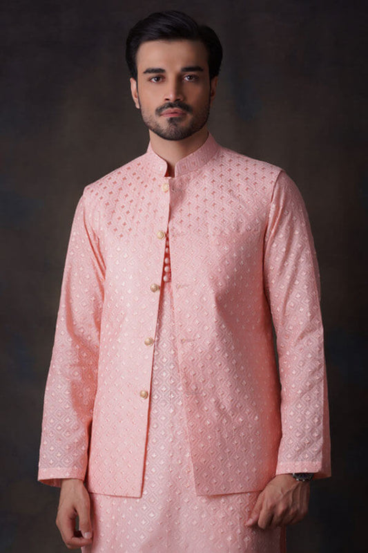 Peach Diamond Embroidered waistcoat and sheer kurta