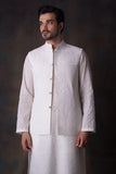 Off-white Diamond Embroidered Cotton Sheer Kurta and Waistcoat Set.