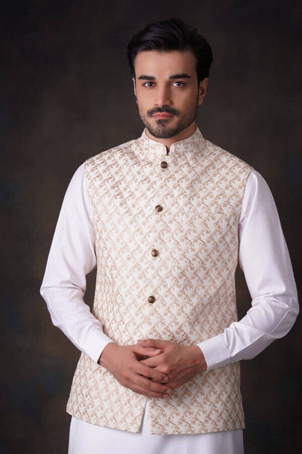 Cream Embroidered Waistcoat Set for men