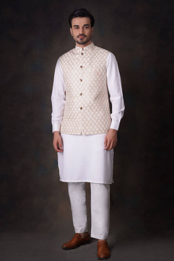 Cream Embroidered Waistcoat Set for men