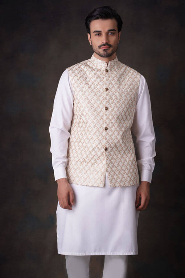Cream Embroidered Waistcoat Set for men