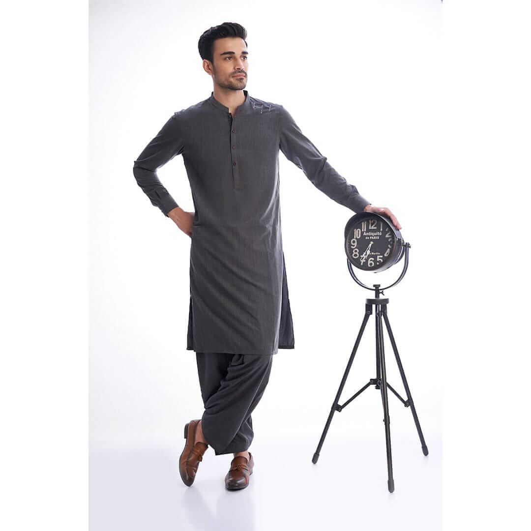 Dark Grey Textured Mens Shalwar Kameez