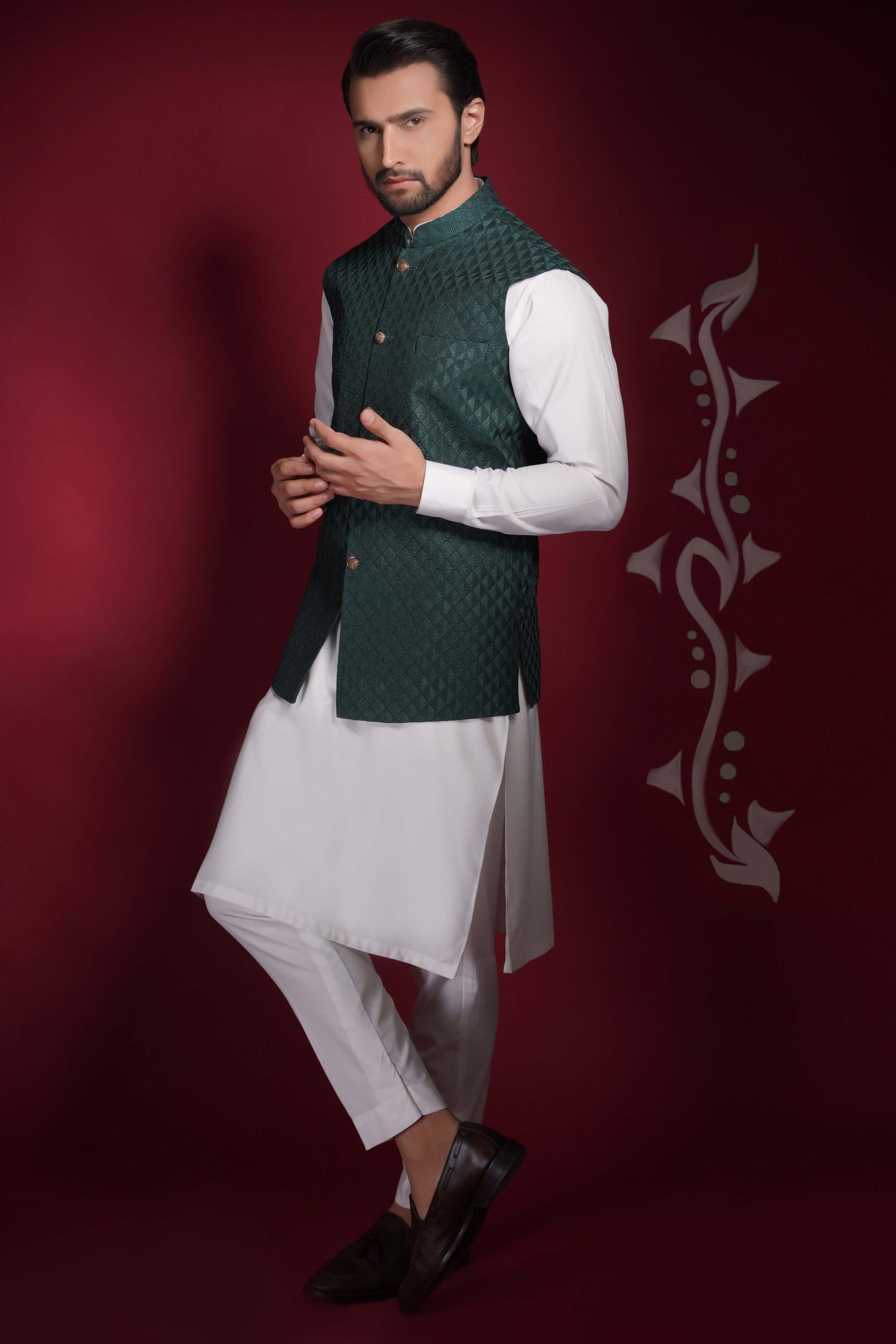 Dark Green Kurta Pajama White Shalwar Kameez With Green Waistcoat