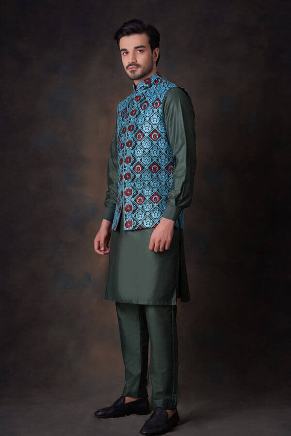 Emerald Green Multi Color Waistcoat For Men