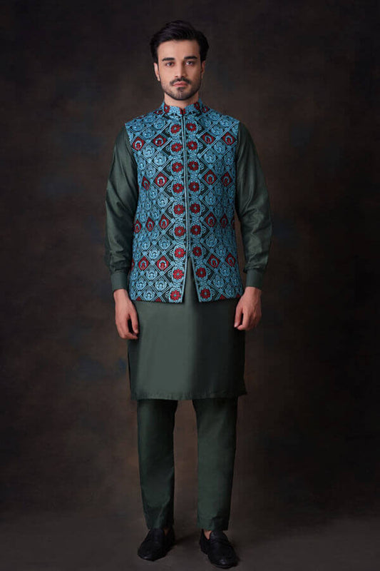 Emerald Green Multi Color  Waistcoat For Men