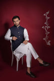 Navy Blue Diamond Textured Waistcoat Kurta Set.