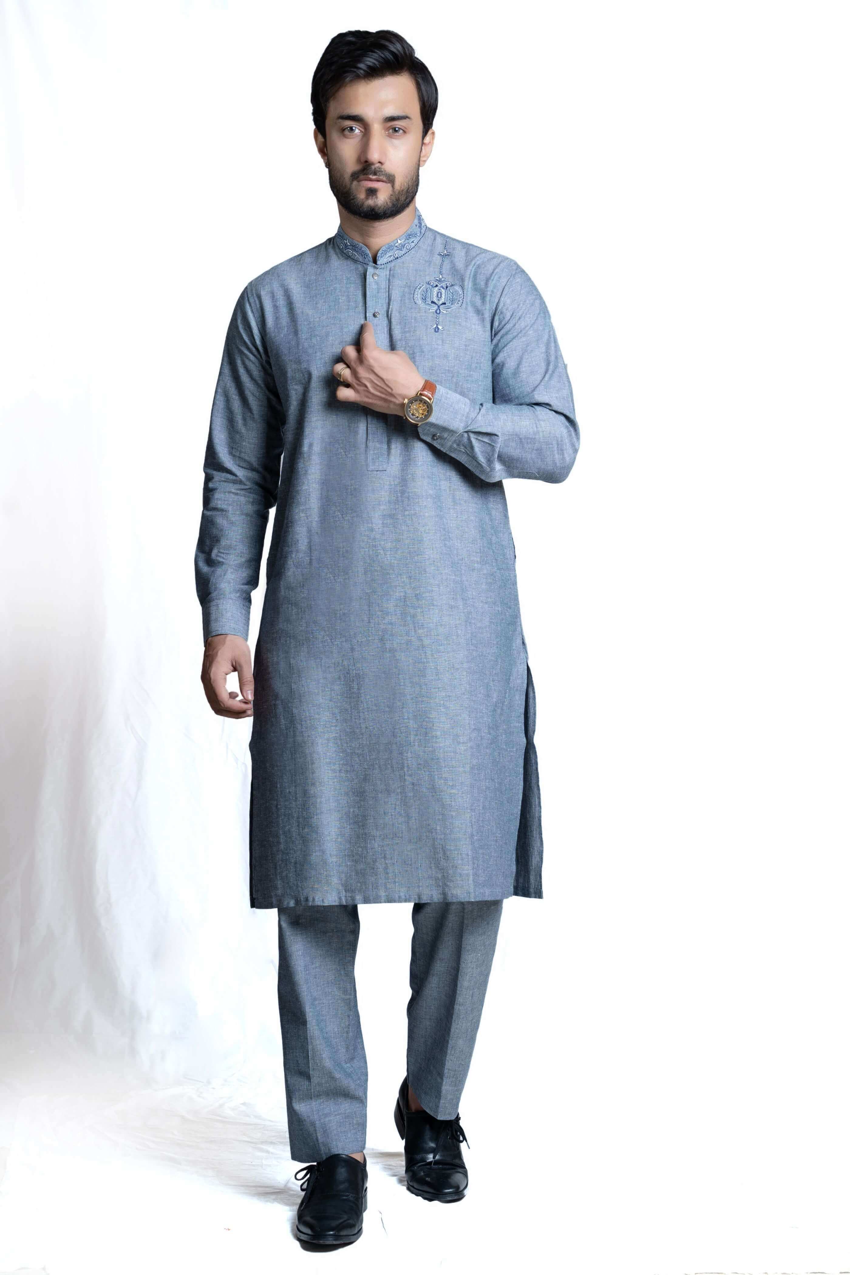 Grey Blue Linen Kurta Pant