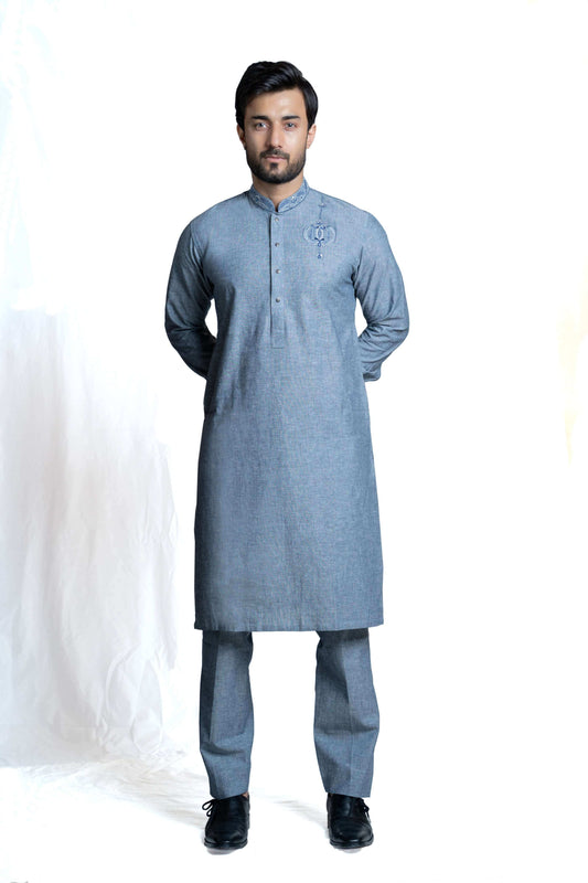 Grey Blue Linen Kurta Pant