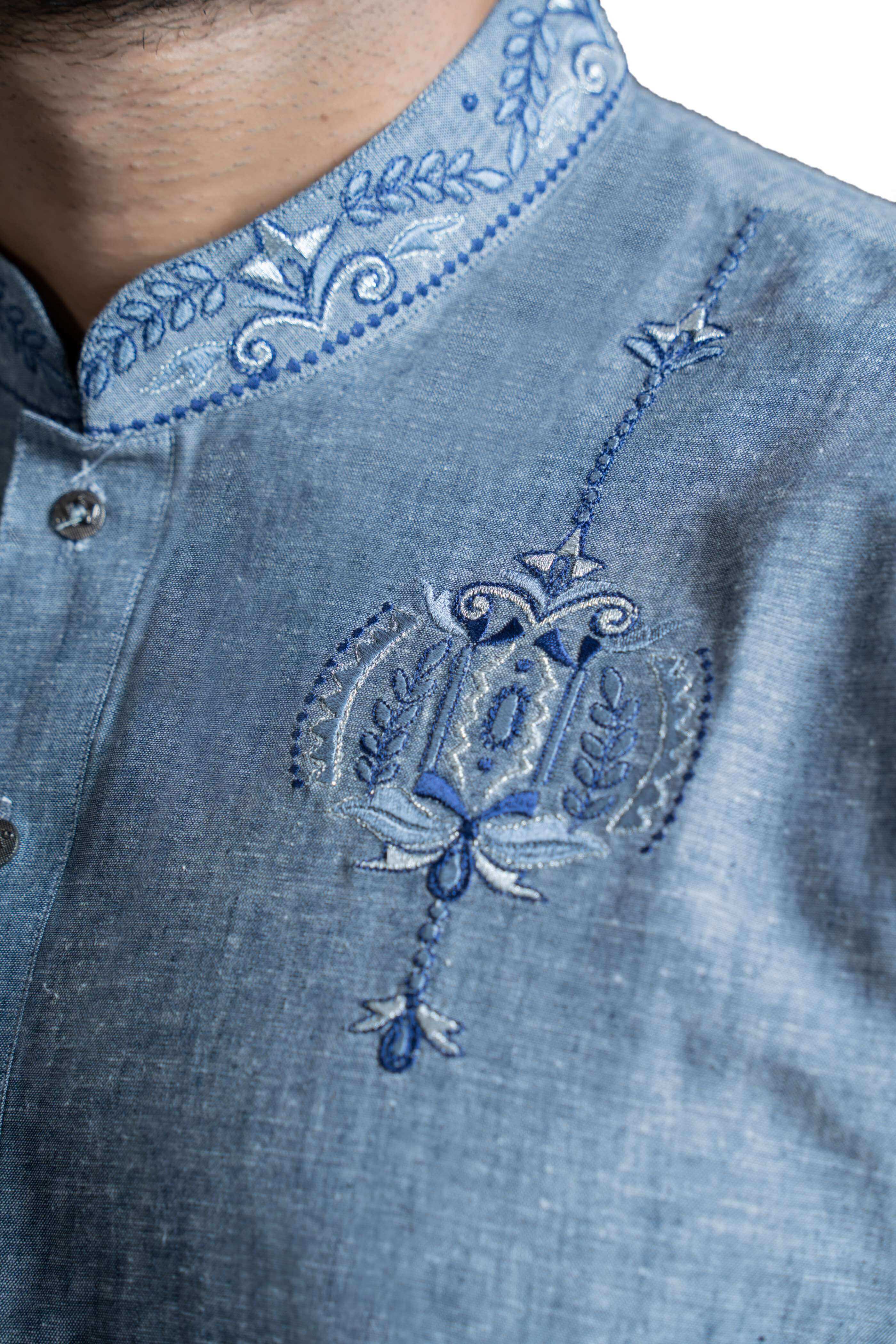 Grey Blue Linen Kurta Pant