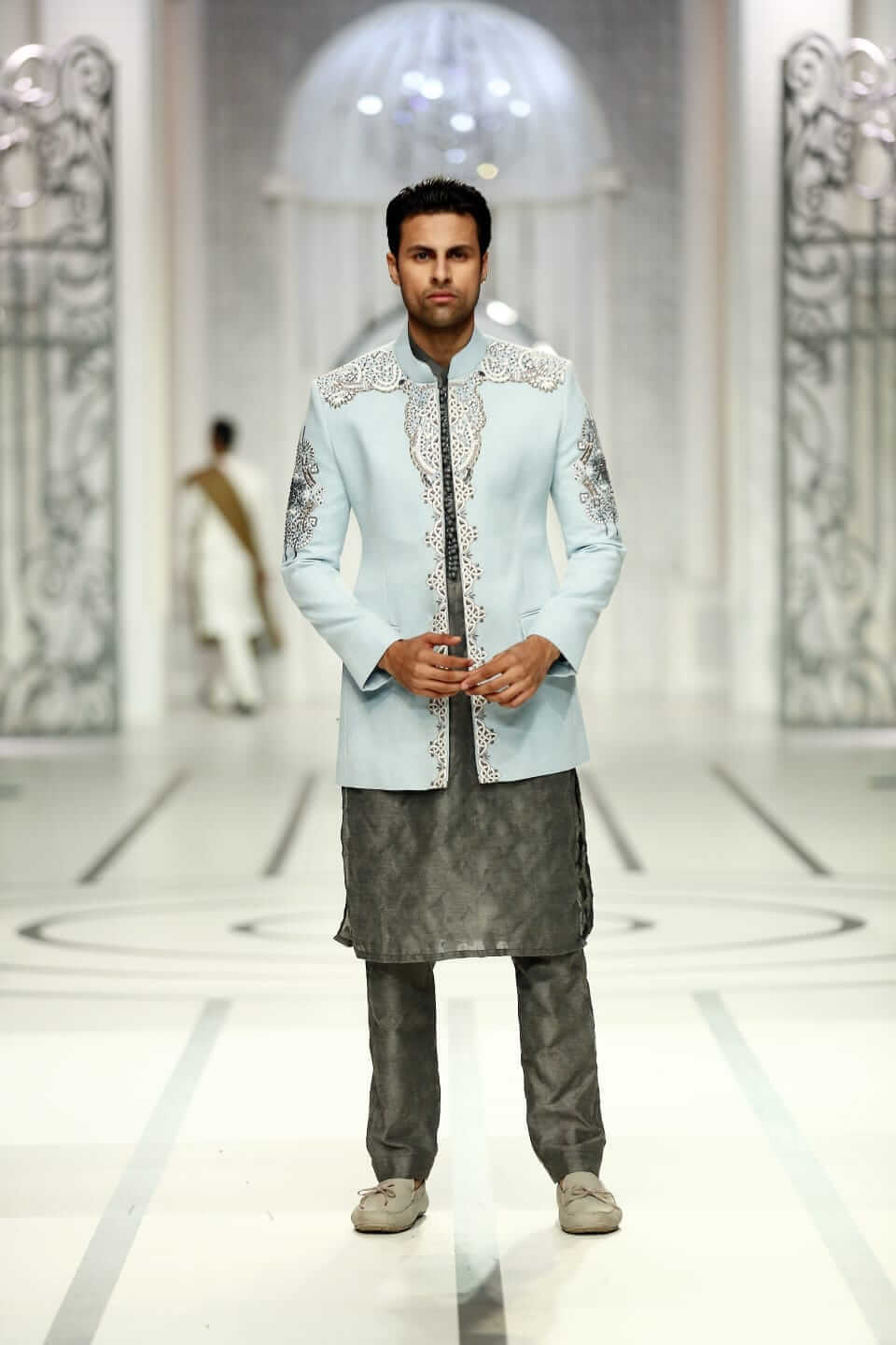 Ice Blue Embroidered Prince Jacket for Men
