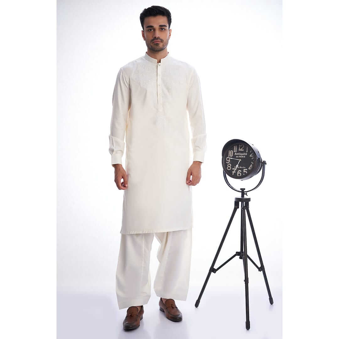 Ivory Embroidered White Mens Shalwar Kameez