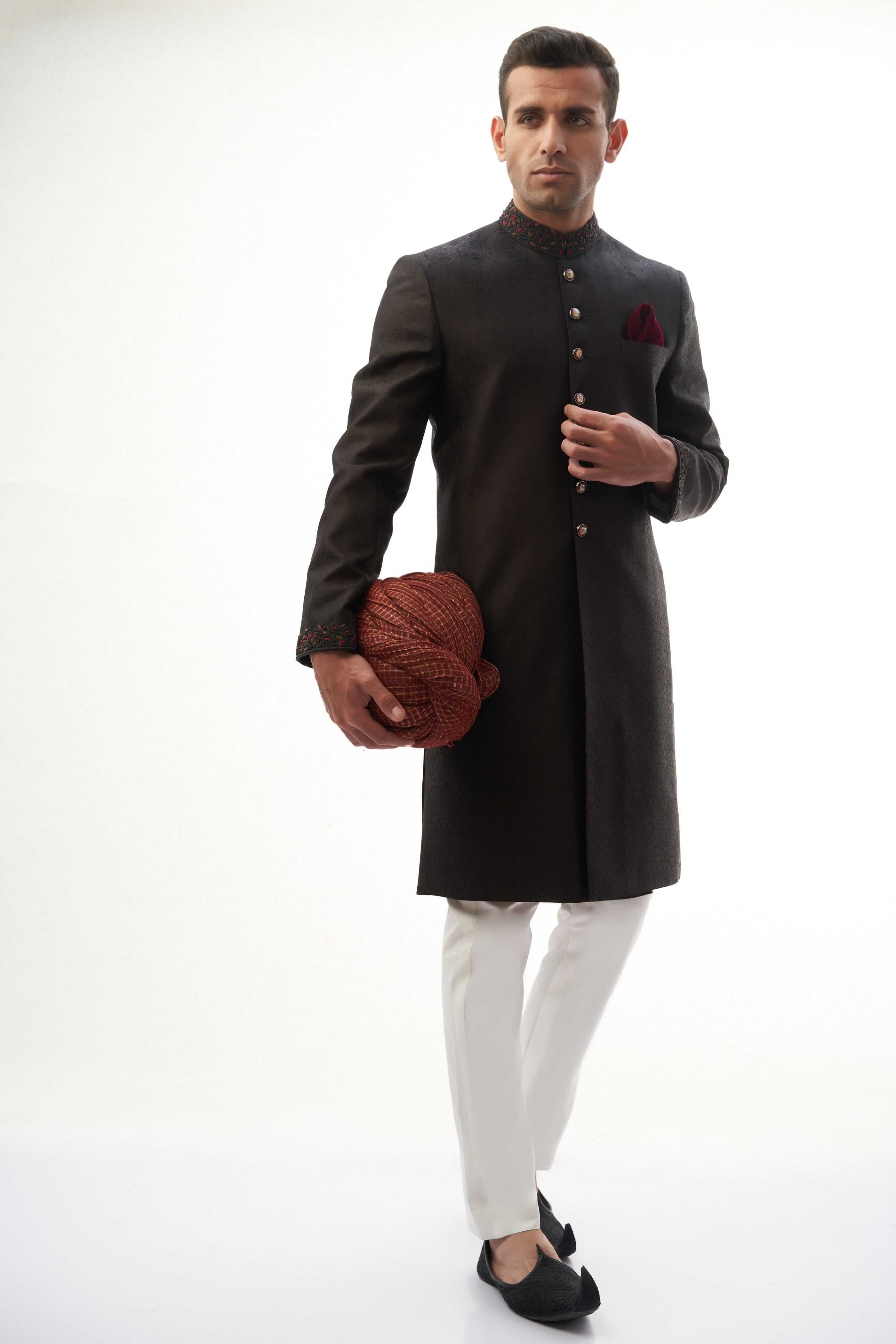Jet Black Brocade Silk Sherwani