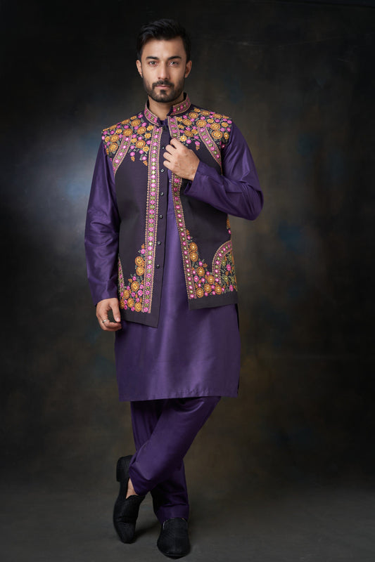 Purple Handcrafted Embroidered Waistcoat