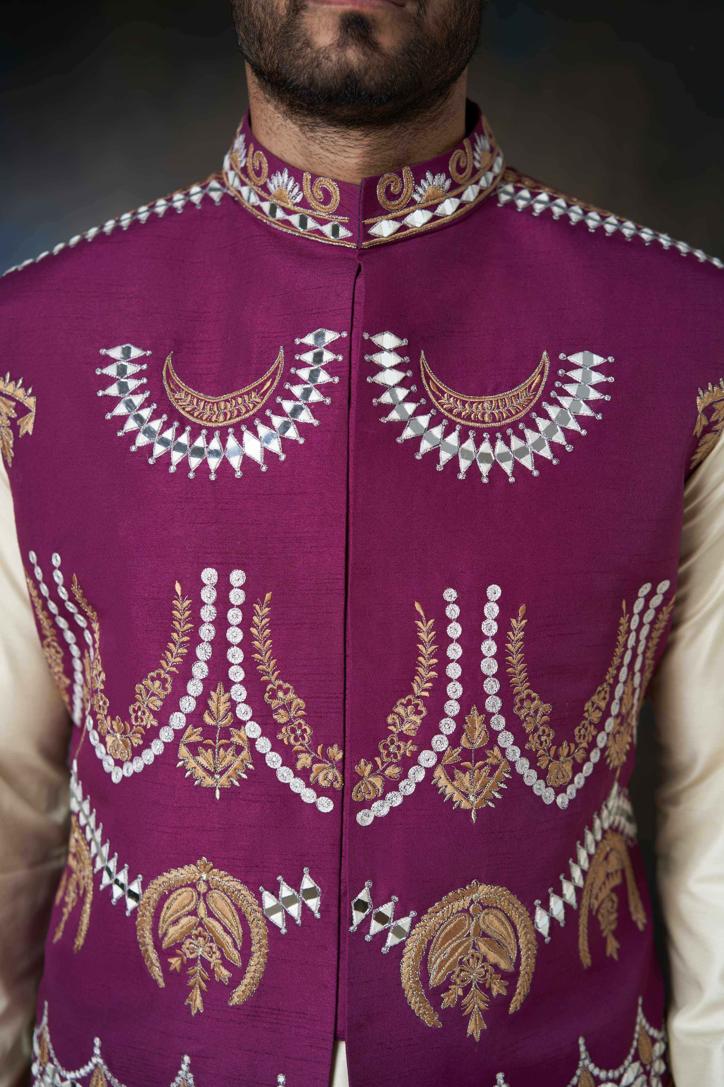 Tyrian Purple Embroidered Men Waistcoat