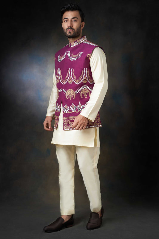 Tyrian Purple  Embroidered Men Waistcoat