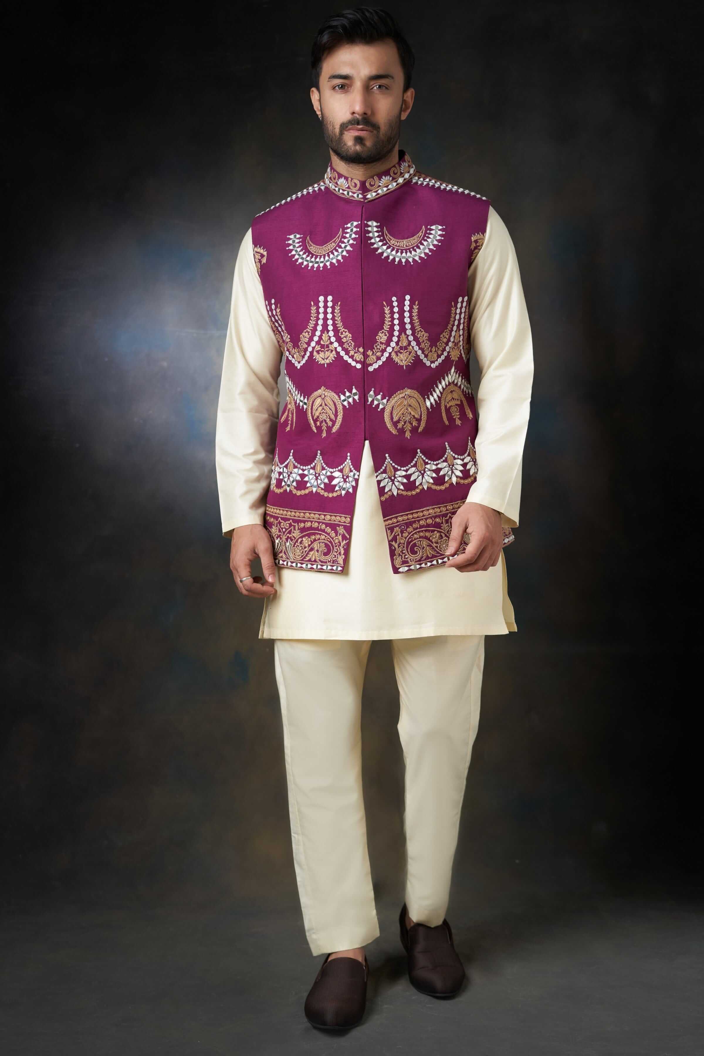 Tyrian Purple Embroidered Men Waistcoat