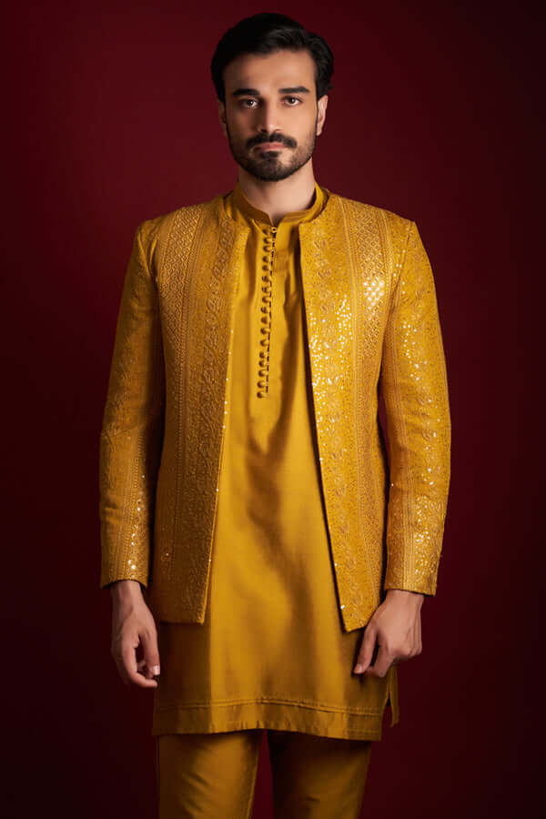 Mustard Front Open Prince Coat Set Arsalan Iqbal