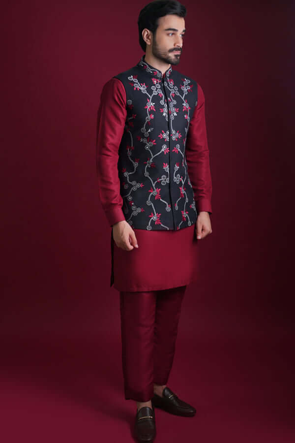 Waist Coat Maroon Kurta With Black Waistcoat Deep Maroon Kurta