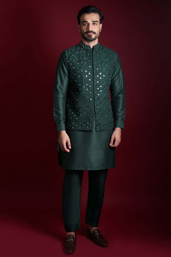 Z's Emerald Green Mirror work waistcoat set Arsalan Iqbal