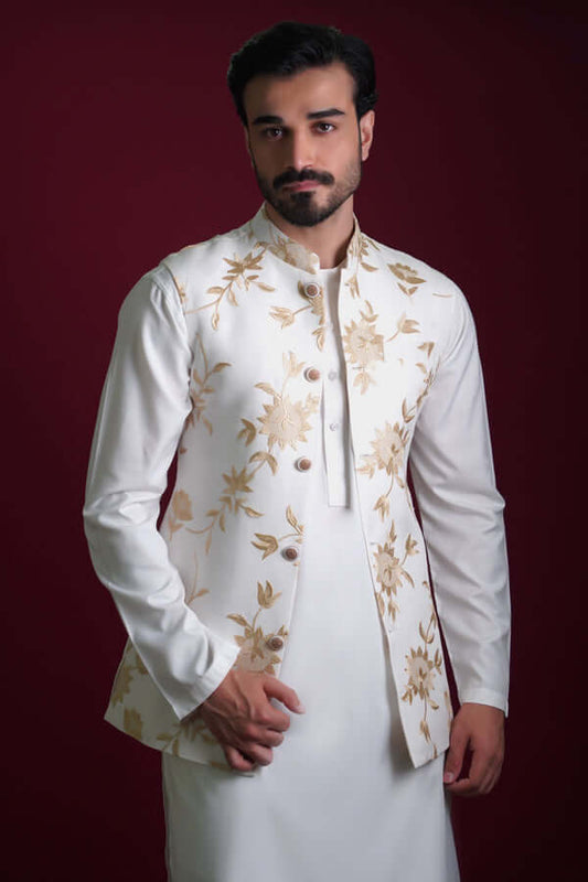Ghalib Off-White & Gold Embroidered Waistcoat set