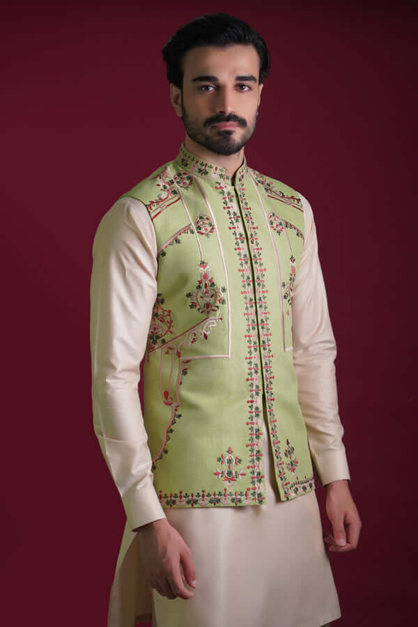 Mint Floral Gardens Waistcoat Set Arsalan Iqbal