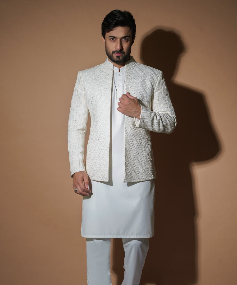 Off-White Embroidered Prince Coat Front Open Jacket