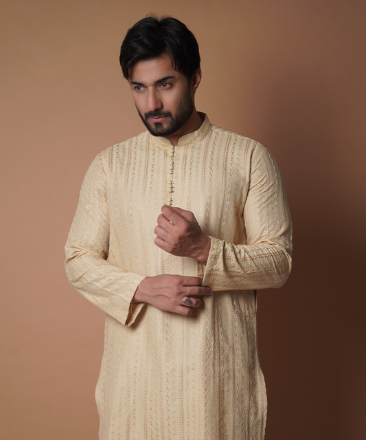 Beige symmetrical Embroidered Kurta & Pyjama Set
