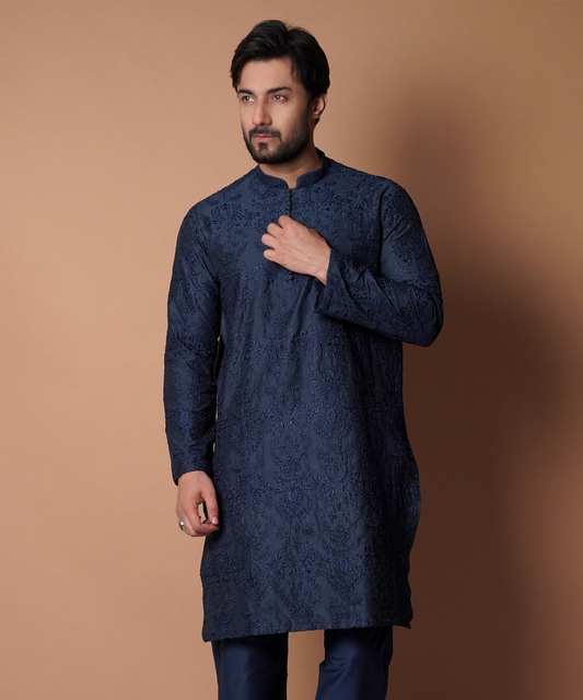Jugnoo - Navy blue embroidered kurta pyjama set