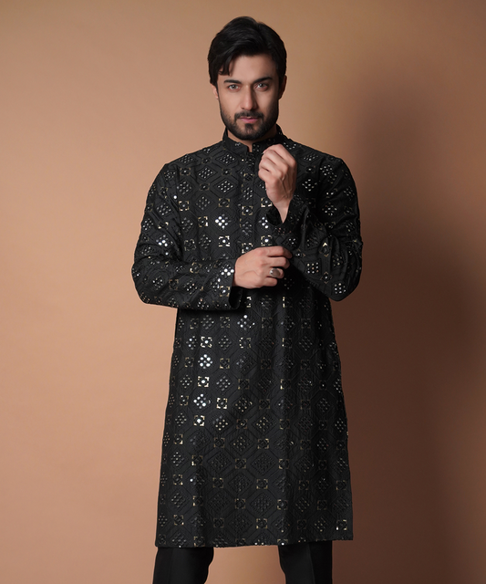 Dynamic 9mm - Jet black all resham and mirror work embroidered kurta set