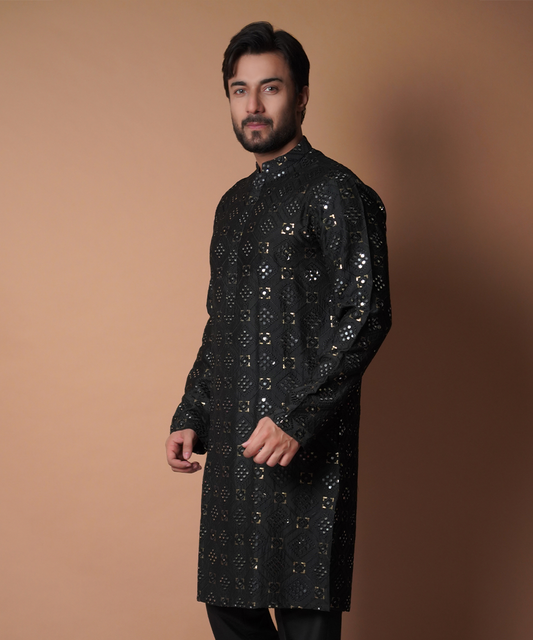 Dynamic 9mm - Jet black all resham and mirror work embroidered kurta set