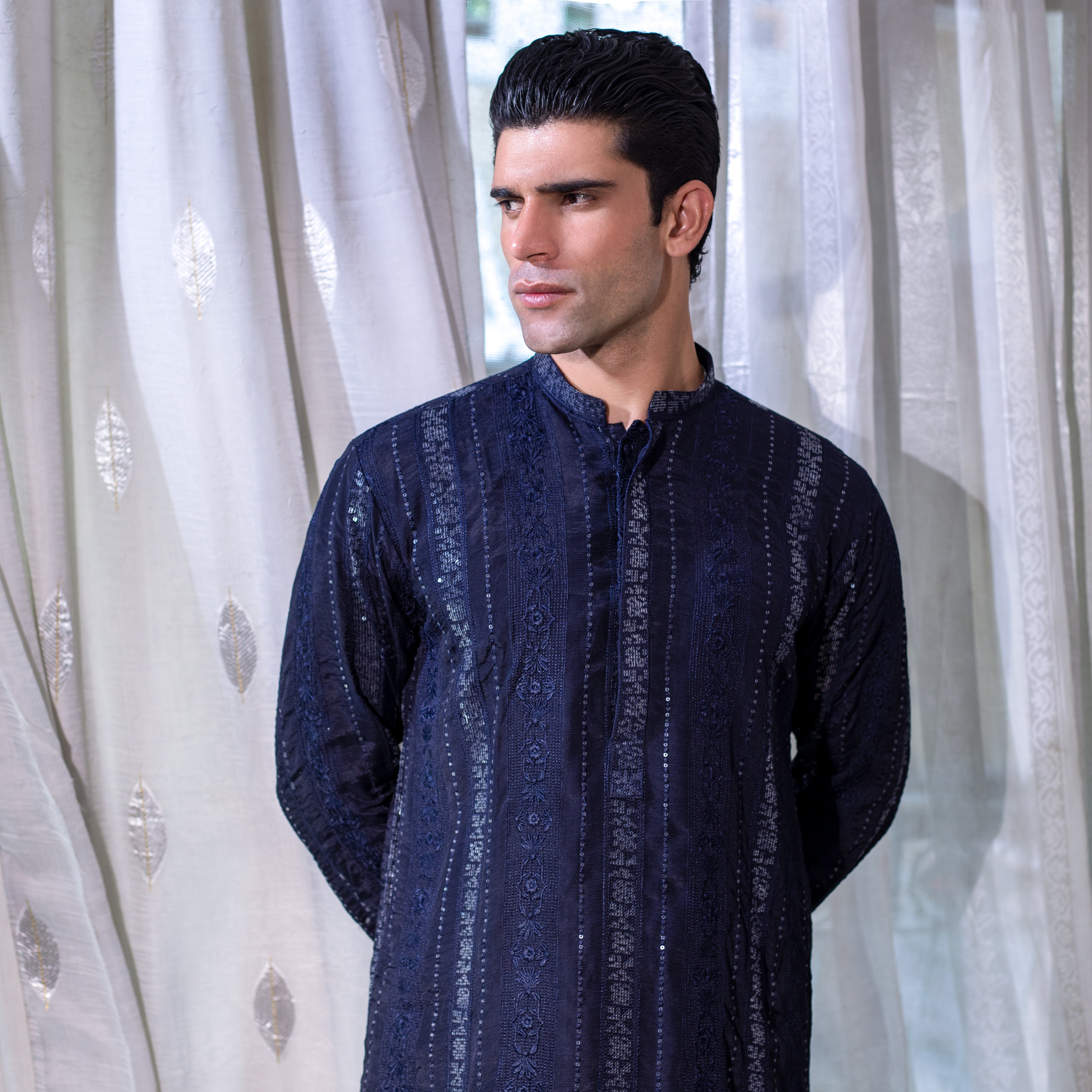Arsalan Iqbal Aks 1.0 Oxford Navy Embroidered Raw Silk Kurta Upper Body Portrait View for Men