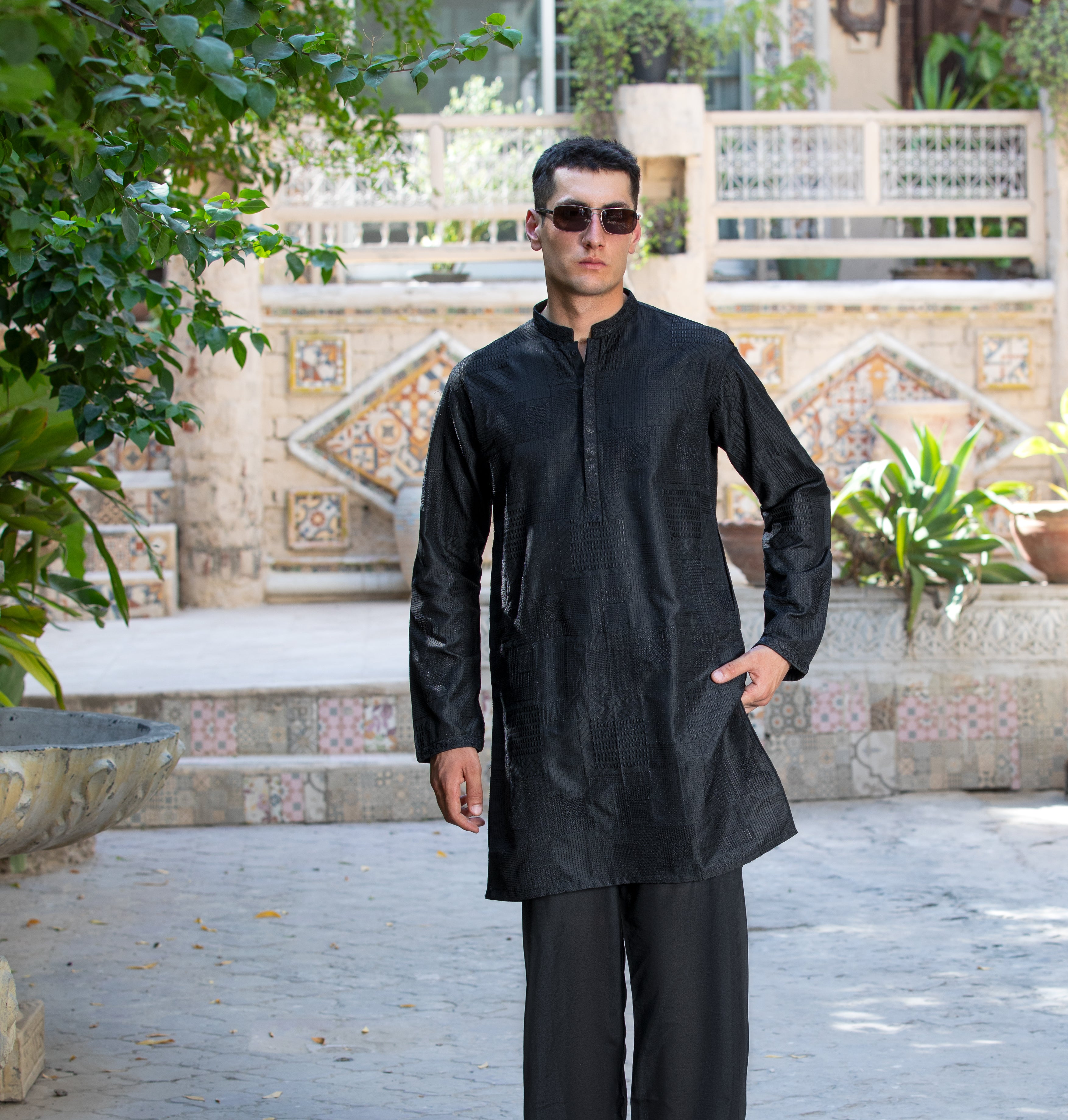 Arsalan Iqbal All Black Thread Embroidered Cotton Silk Kurta & Pyjama Set Three-Quarter View for Men