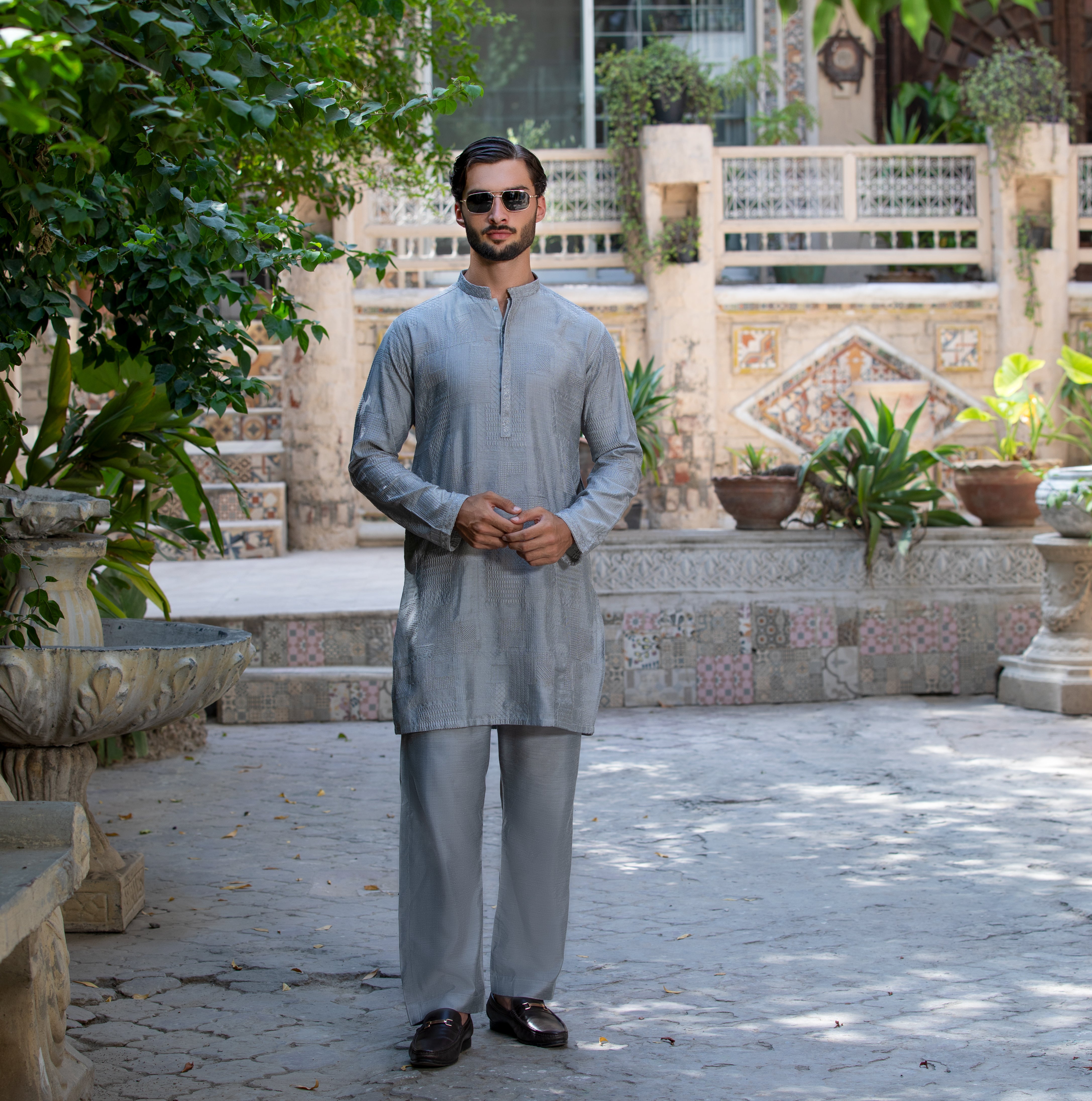 Arsalan Iqbal Ash Grey Embroidered Cotton Silk Kurta Pyjama Set Full Length Standing View for Men