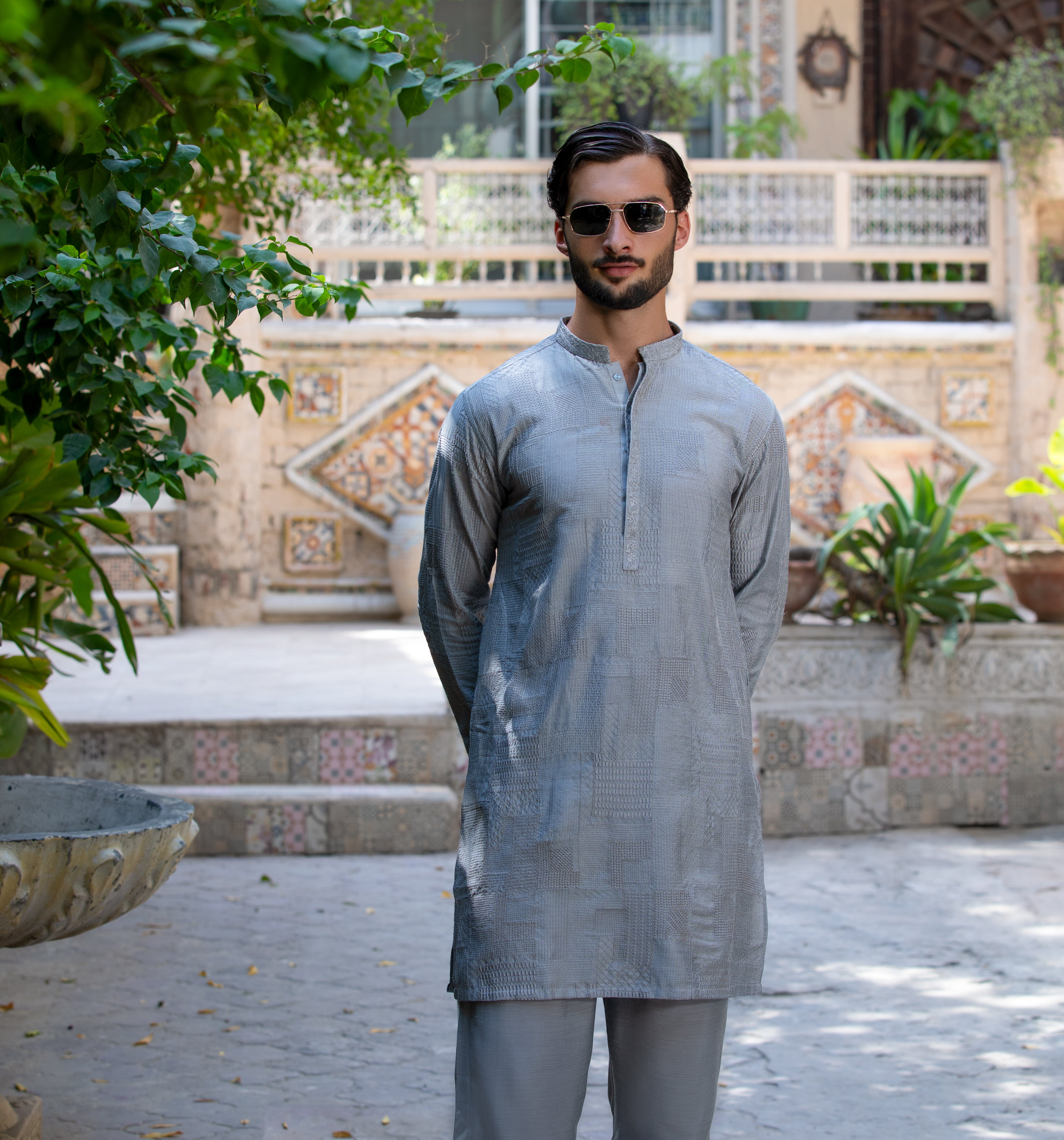 Arsalan Iqbal Ash Grey Embroidered Cotton Silk Kurta Pyjama Set Three-Quarter View for Men