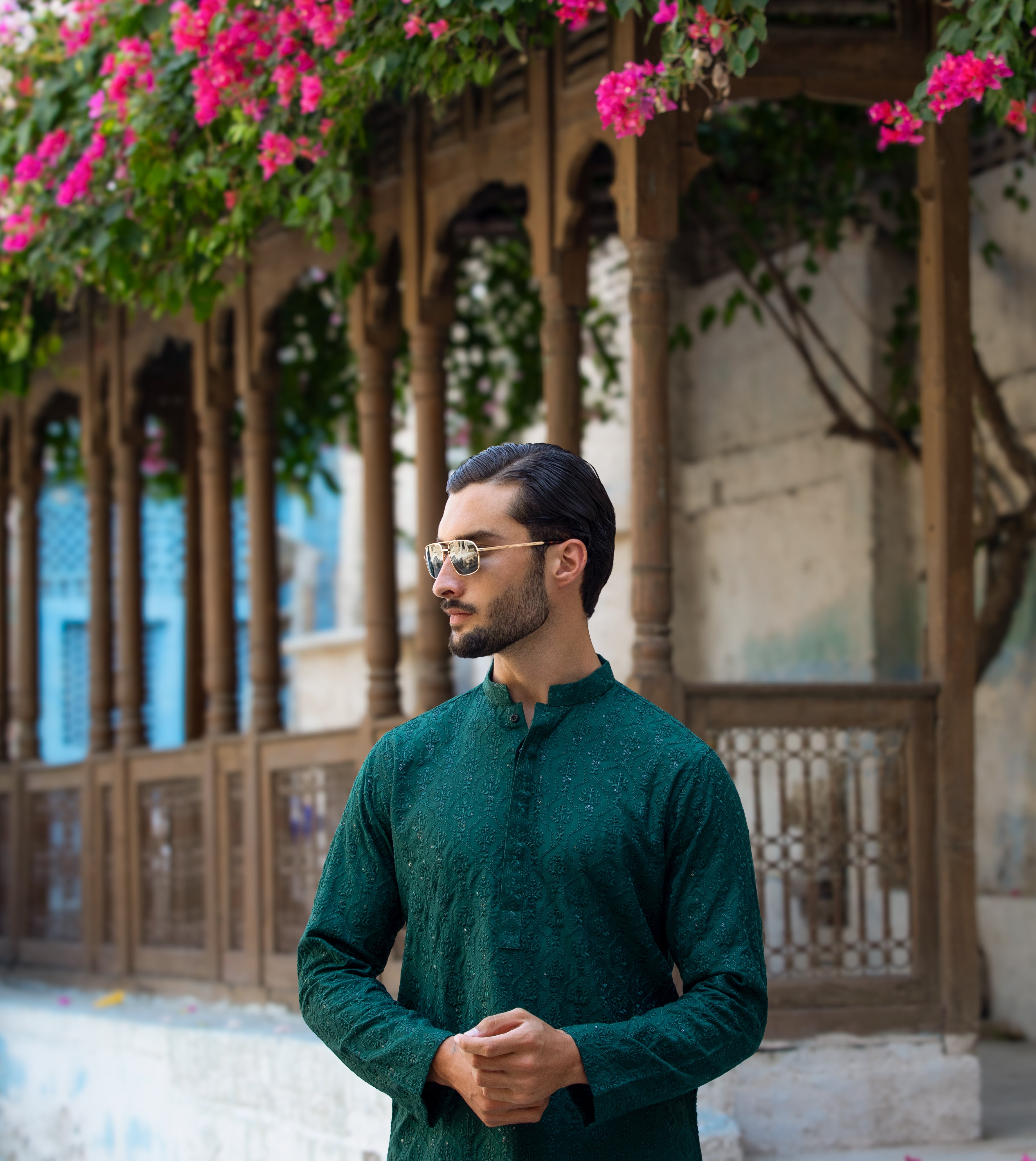 Arsalan Iqbal Emerald Green Thread Embroidered & Sequined Kurta Pyjama Set Three-Quarter Side Profile View for Men
