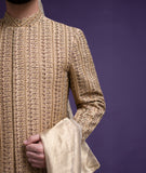 Extreme close-up of Arsalan Iqbal gold sherwani showing intricate vertical hand-embroidery, sequin work, and premium fabric texture with a silk dupatta.