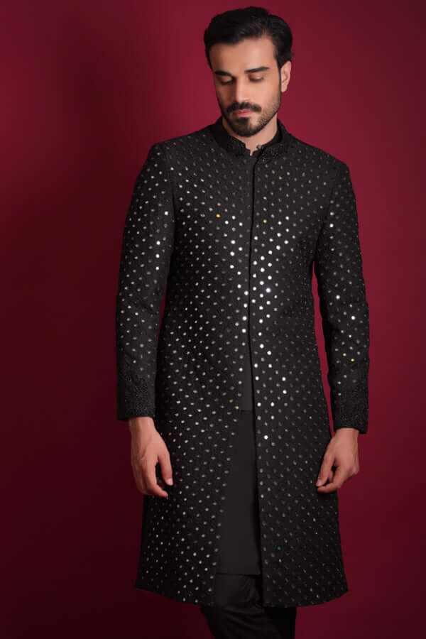 Arsalan Iqbal Jet Black Mirror Worked Sherwani Three-Quarter Length Front View for Men