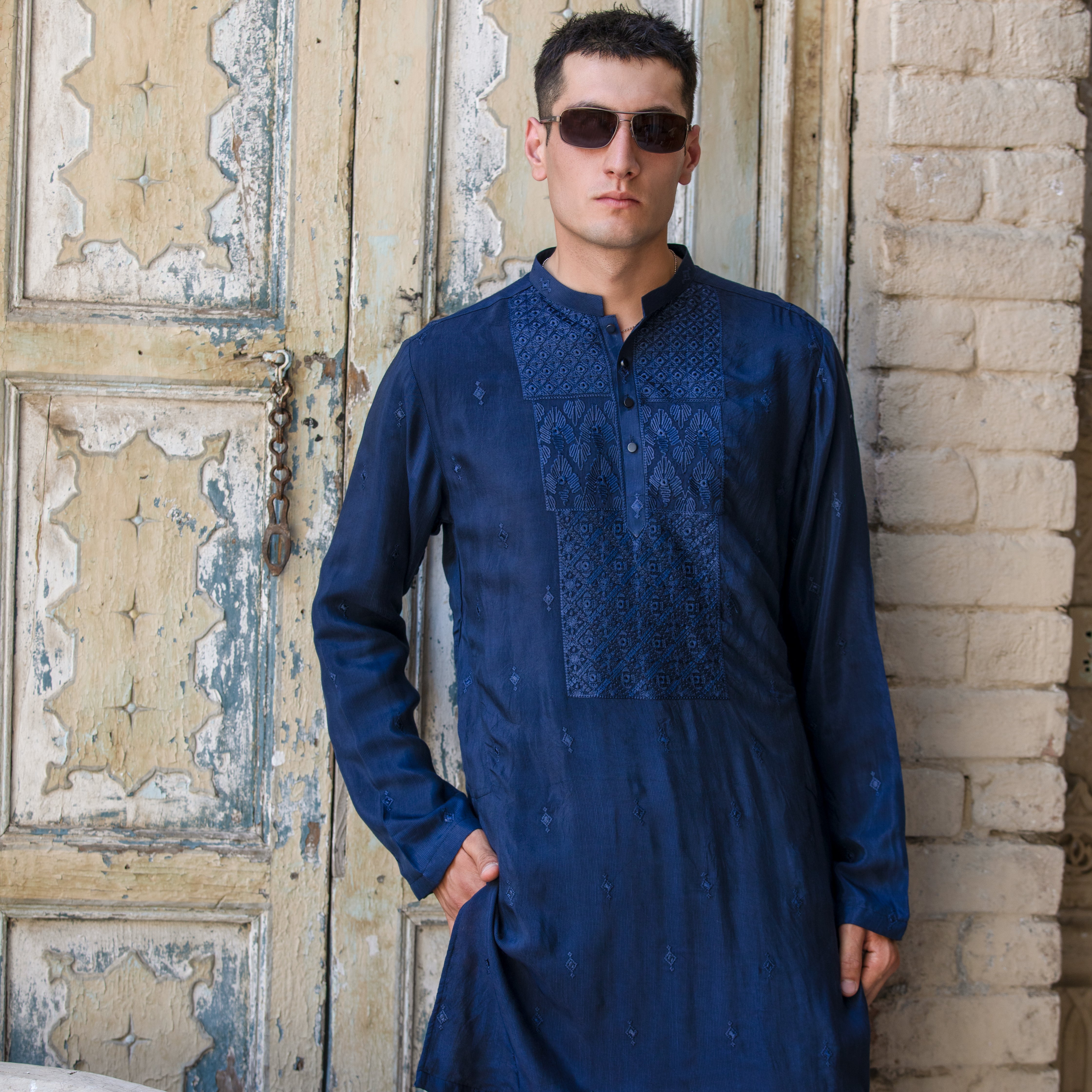 Arsalan Iqbal Navy Blue Embroidered Raw Silk Kurta Loose Pyjama Set Three-Quarter View for Men