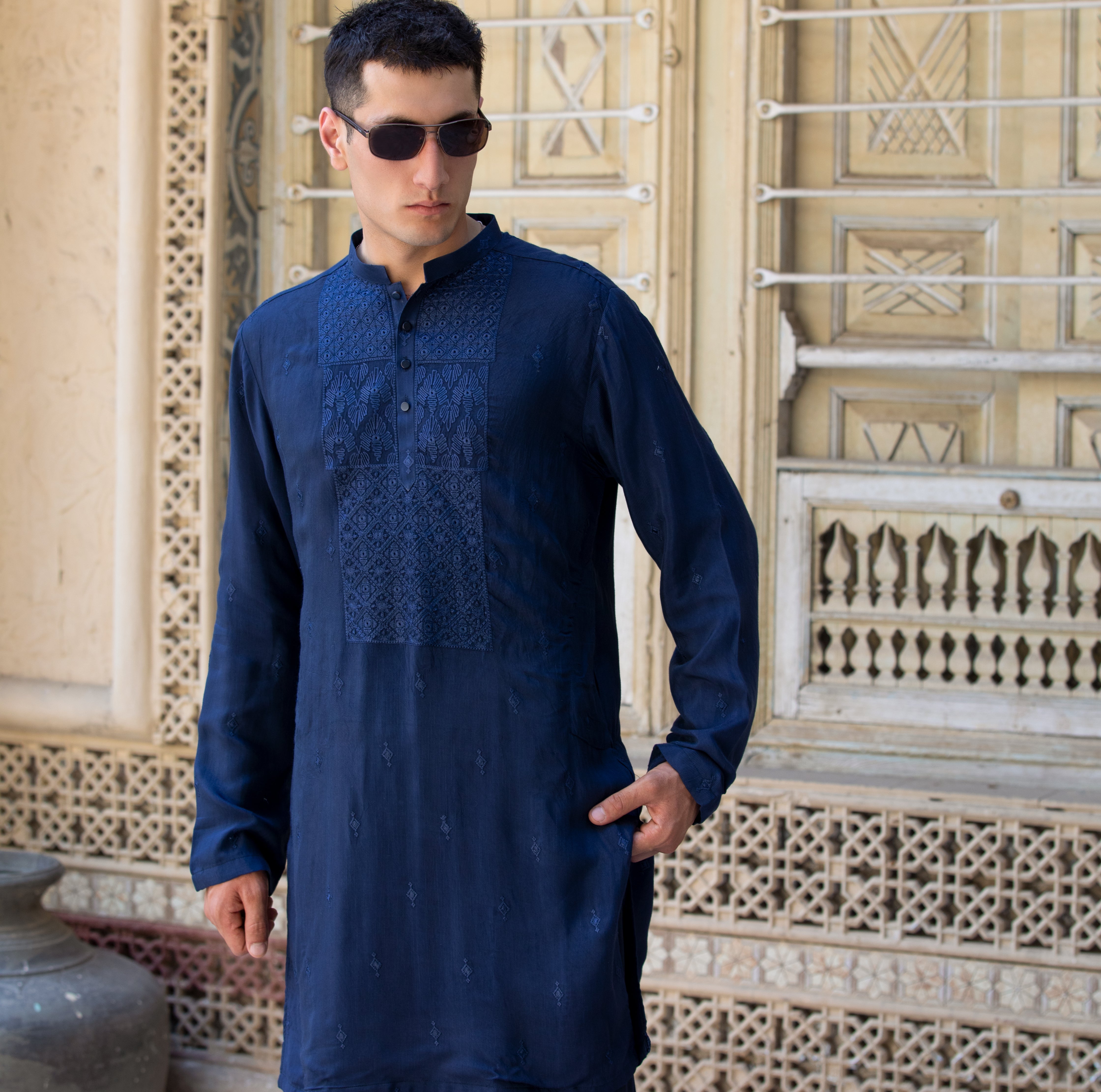 Arsalan Iqbal Navy Blue Embroidered Raw Silk Kurta Loose Pyjama Set Three-Quarter View for Men