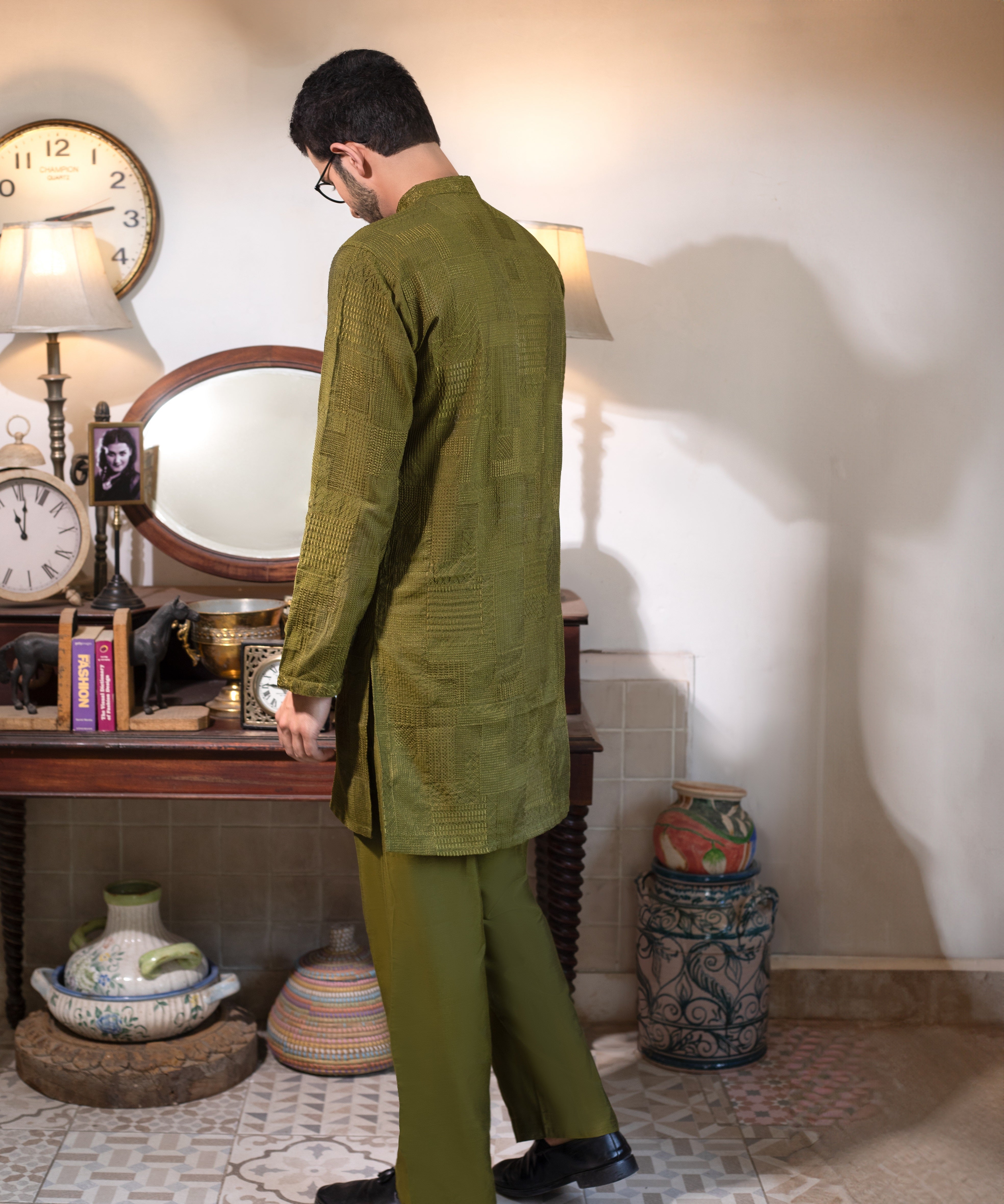 Arsalan Iqbal Olive Green Embroidered Cotton Silk Kurta Pyjama Set Back View for Men