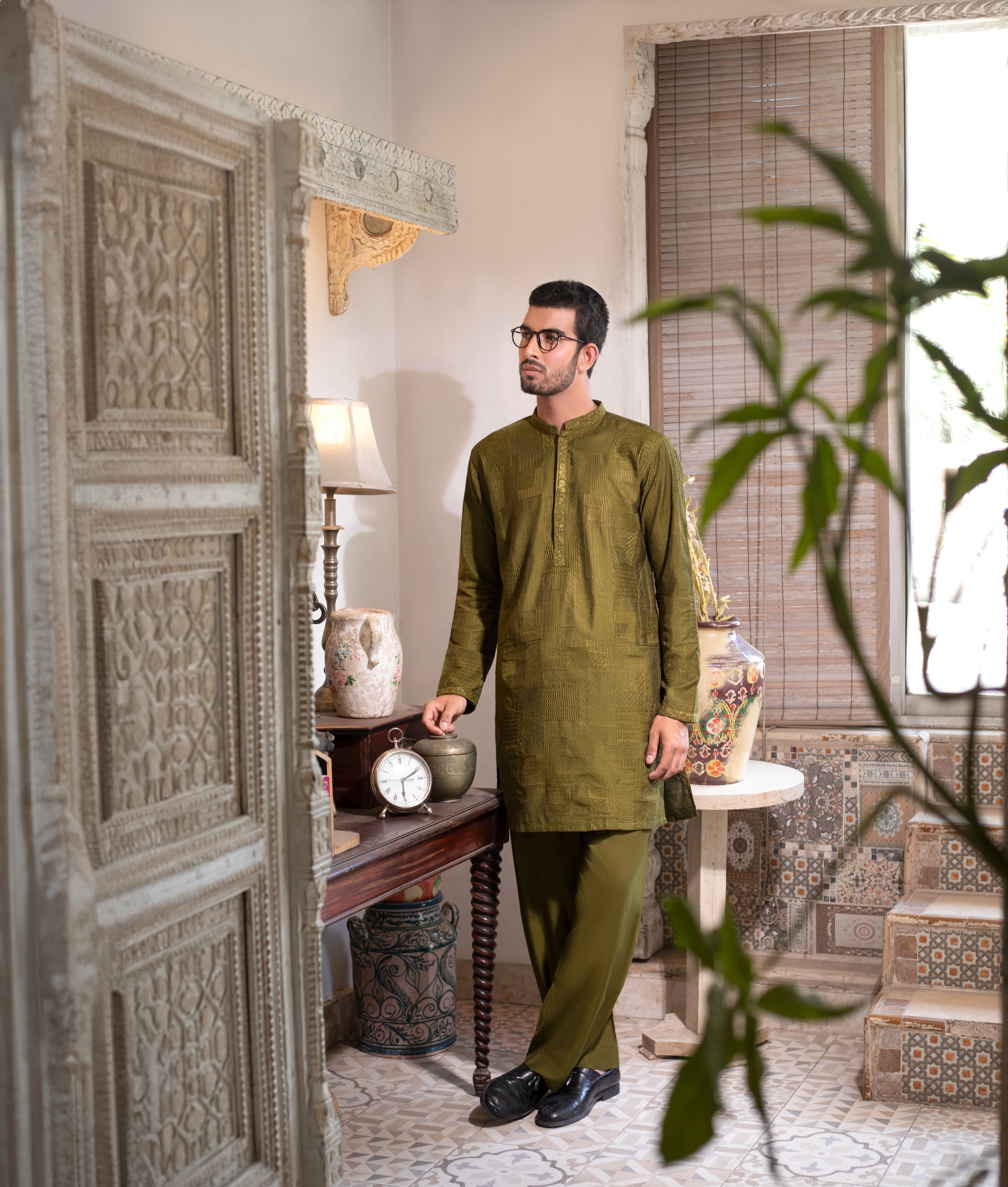 Arsalan Iqbal Olive Green Embroidered Cotton Silk Kurta Pyjama Set Full Length Standing View for Men