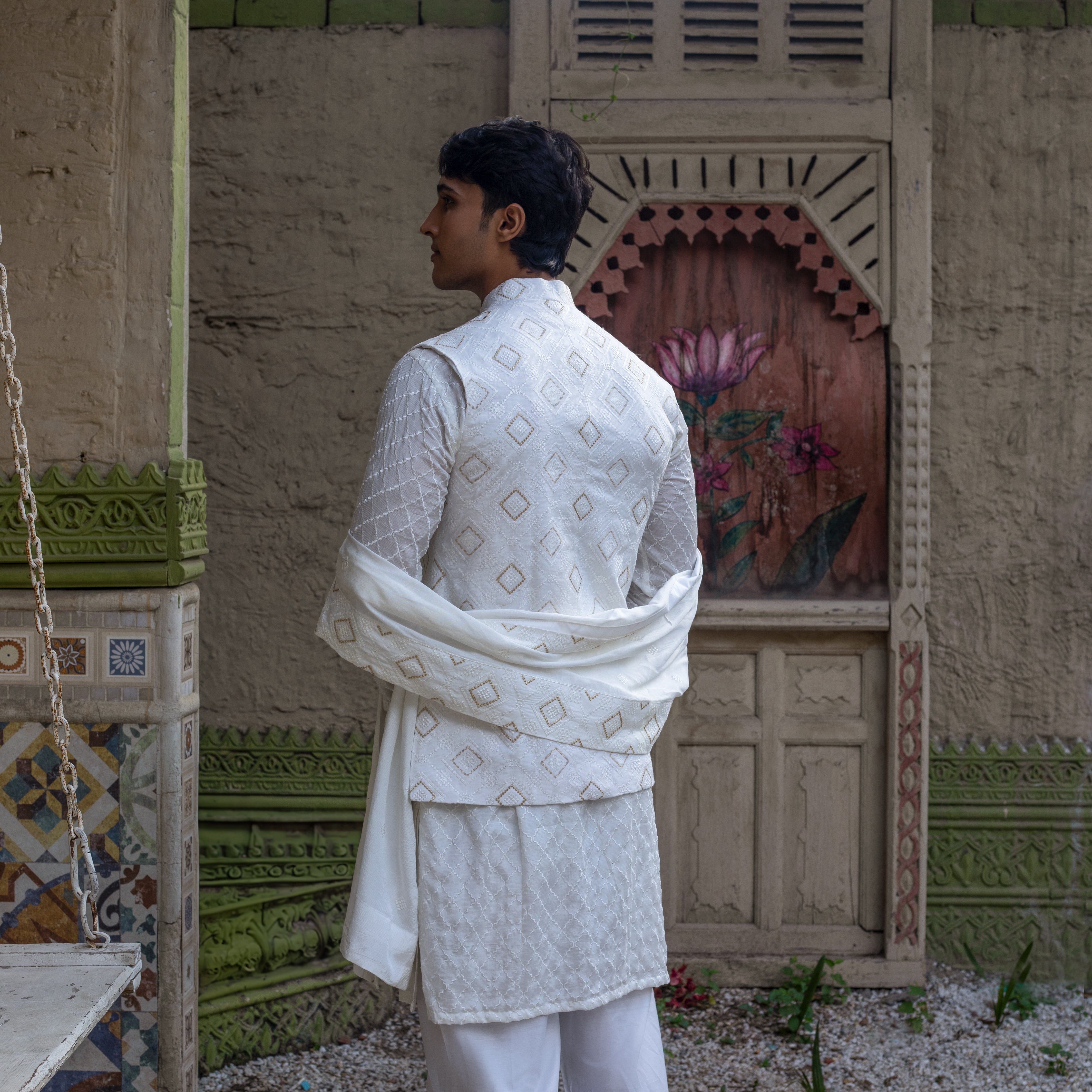 Arsalan Iqbal Paish-e-Raft Back View White Geometric Embroidered Waistcoat Kurta Set with Draped Shawl for Men