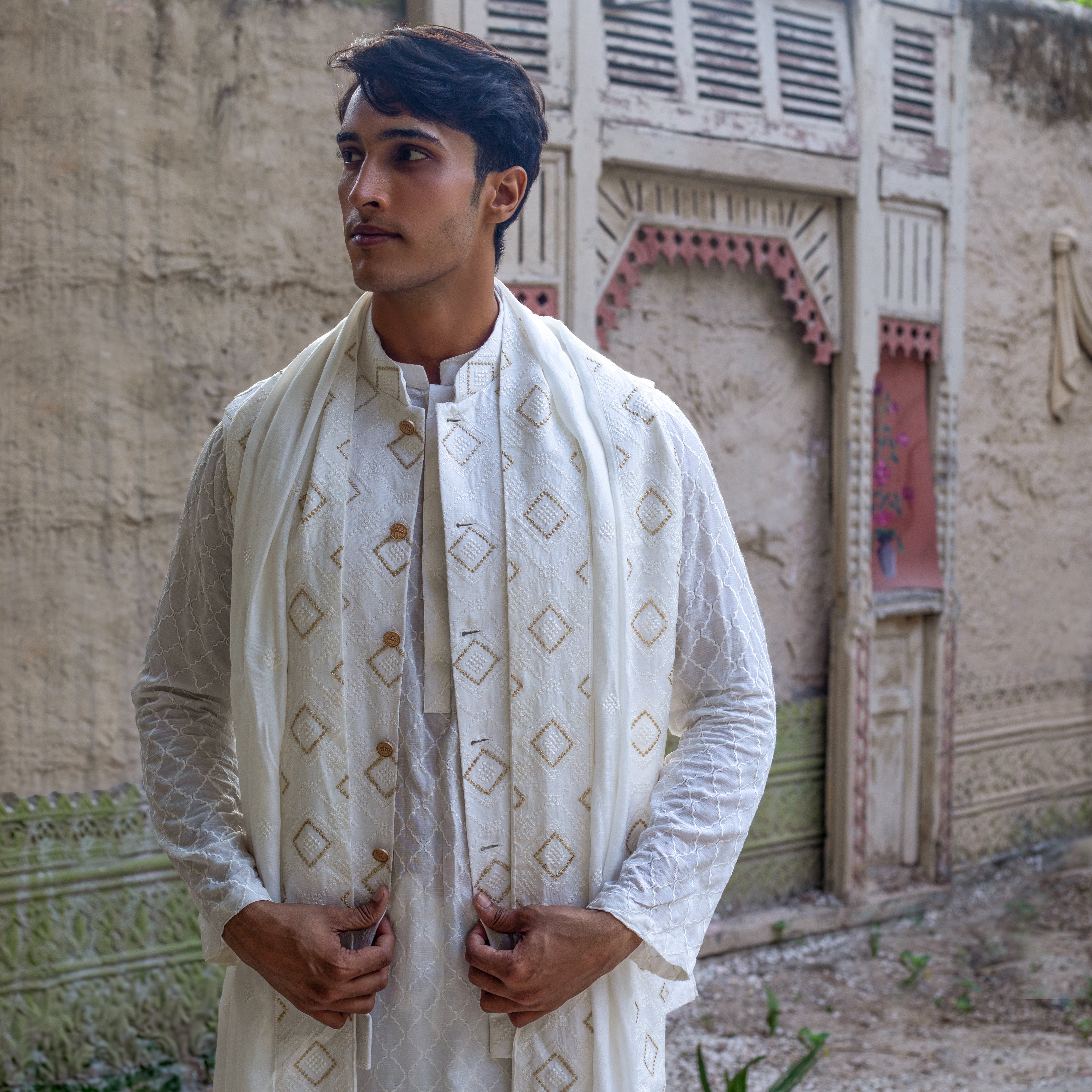 Arsalan Iqbal Paish-e-Raft Upper Body Medium Shot White Embroidered Waistcoat Kurta Set with Shawl for Men