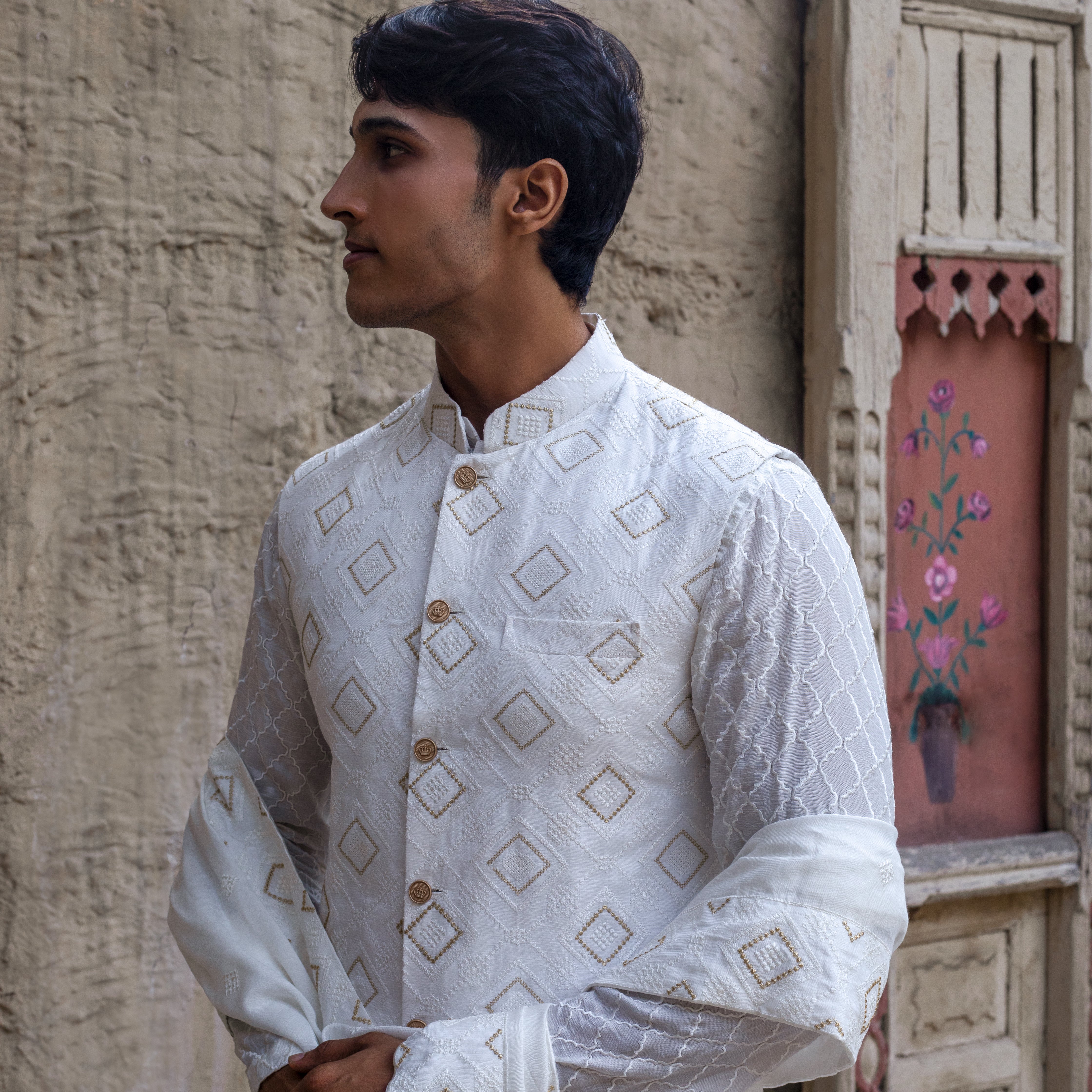 Arsalan Iqbal Paish-e-Raft Side Profile Close Up White Geometric Embroidered Waistcoat Kurta Set with Shawl for Men