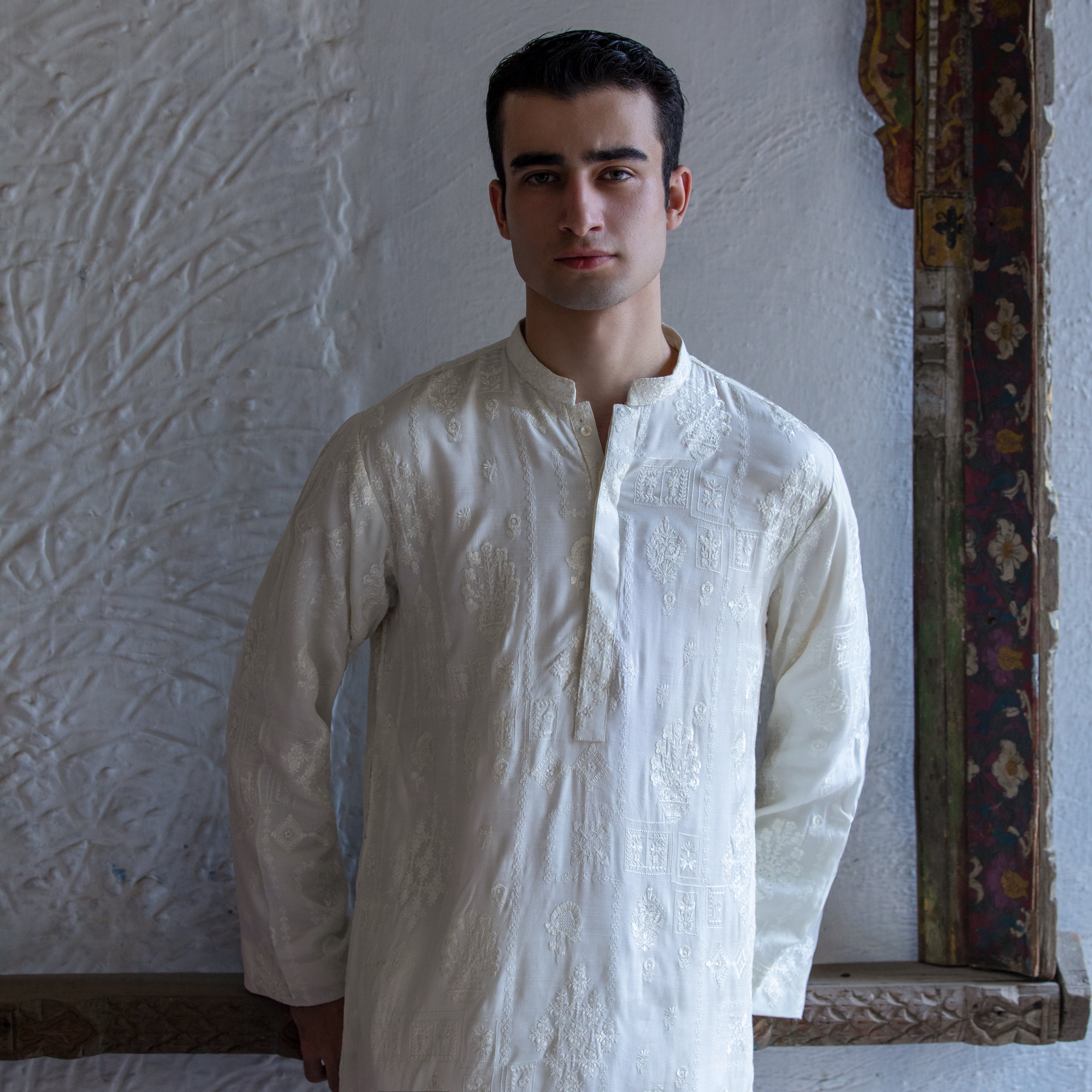 Arsalan Iqbal Shanzeh 1.0 Off White Embroidered Kurta Upper Body Close Up Portrait for Men