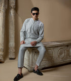 Arsalan Iqbal Sooch'2026 Ash Grey Sequined Chikankari Kurta and Pyjama Full Length Seated View for Men