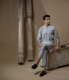 Arsalan Iqbal Sooch'2026 Ash Grey Sequined Chikankari Kurta and Pyjama Full Length Sitting View for Men
